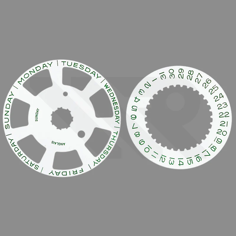 Replacement Day-Date Disc Compatible with Swiss Cal. 3255 - White - Green Font